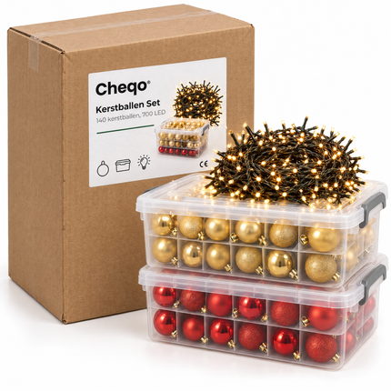 infographic opus55 verpakking - Cheqo® Kerstballen Rood en Goud 140 Stuks met Clusterverlichting 700 LED Extra Warm Wit