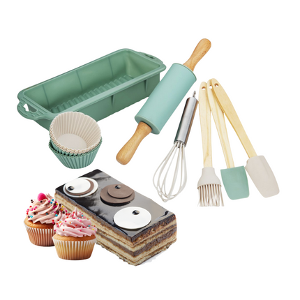 Cheqo® Kinder Bakset - 12-Delige Set - Bakset voor kinderen met Cupcake Vormen - Bakvorm en Accessoires - Kwast - Spatel - Deegroller - Kinderfeestje - Cake Bakken - Cupcakes Maken - Cadeau voor Kinderen