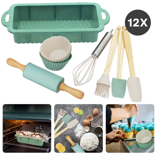 Cheqo® Kinder Bakset - 12-Delige Set - Bakset voor kinderen met Cupcake Vormen - Bakvorm en Accessoires - Kwast - Spatel - Deegroller - Kinderfeestje - Cake Bakken - Cupcakes Maken - Cadeau voor Kinderen