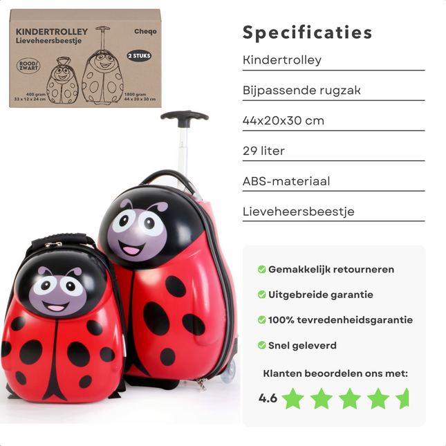 Cheqo® Kinderkoffer en Rugzak Set - Koffer voor Kinderen - Reiskoffer - Trolley met Bijpassende Reiskoffer - Handbagage Vriendelijk - Lieveheersbeestje