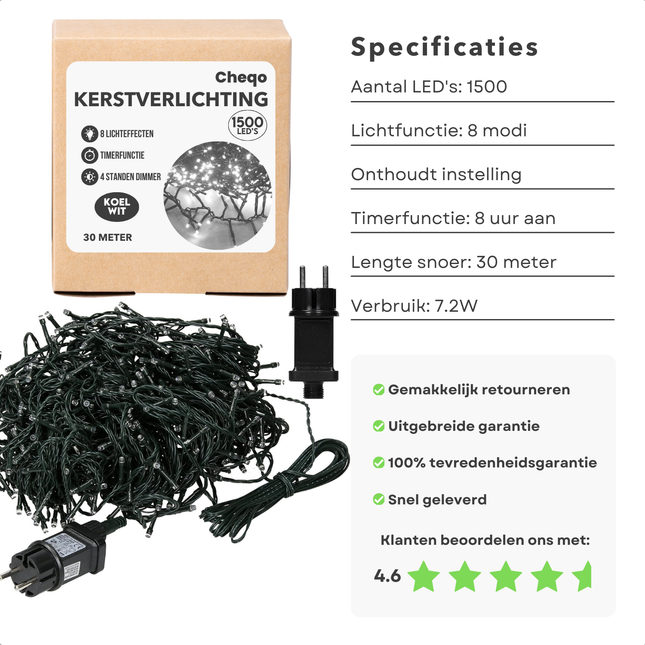 Cheqo® LED Kerstverlichting - Kerstlampjes - Kerstboomverlichting - Cluster - Clusterverlichting - 1500 LED's - 30M - Voor Binnen en Buiten - Timer & Geheugen