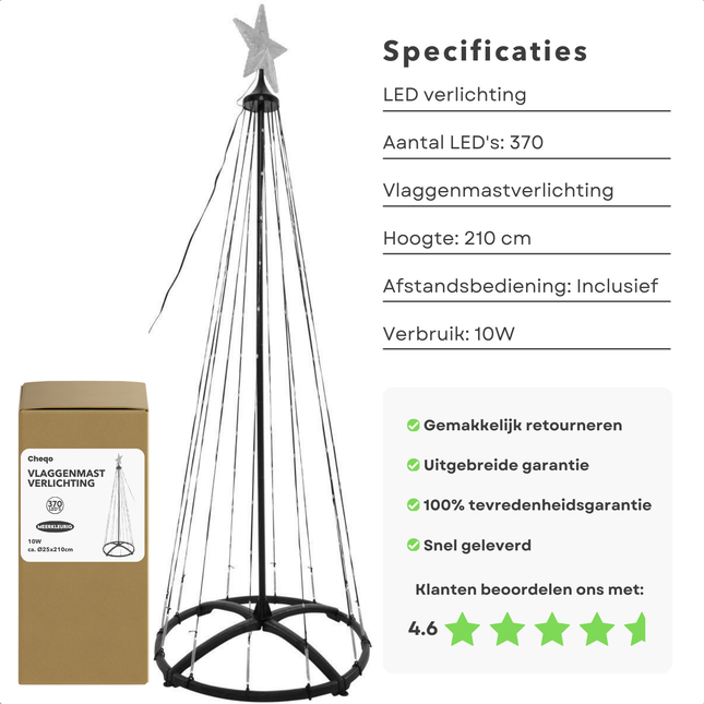 Cheqo® LED Vlaggenmast Kerstboom Verlichting - Kerstverlichting voor Buiten - 210cm - RGB Verlichting - Buitenverlichting