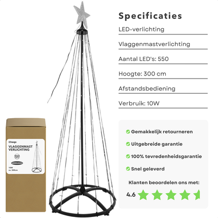 Cheqo® LED Vlaggenmast Kerstboom Verlichting - Kerstverlichting voor Buiten - 300cm - RGB Verlichting - 550 LED - Buitenverlichting