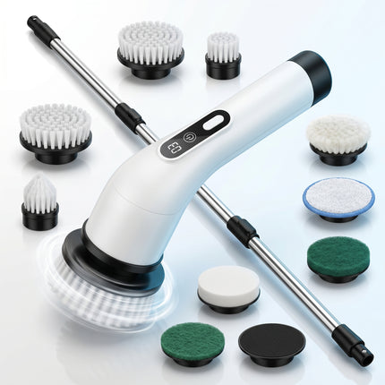 Cheqo® Elektrische Schoonmaakborstel - Elektrische Schrobber - Schrobborstel - Spin Scrubber - Roterend - Draadloos - Oplaadbaar - Schrobber met Steel - Verlengsteel - Poetsmachine - Luiwagen - voor Badkamer en Keuken - met 9 Opzetstukken