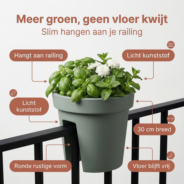 Cheqo® Ronde Balkonbak - Balkonbak Rond - Balkonbak Groen - Groene Balkonbak - Plantenbak Balkon - Balkon Plantenbak - Bloembak Balkon - Balkon Bloembak - Plantenbak Rond - Ronde Plantenbak