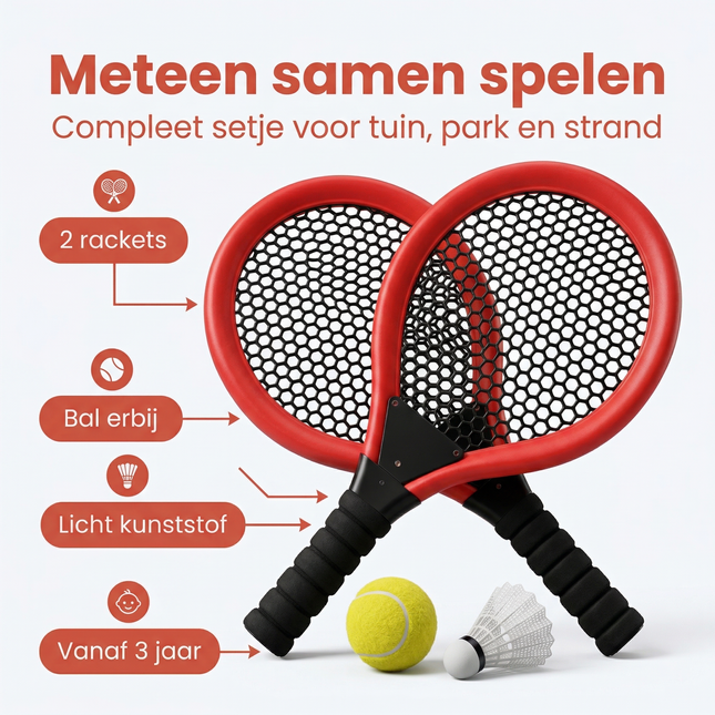 Cheqo® Tennisset - Kindertennisset - Tennis Set Kinderen - Tennis Racketset - Tennis Speelgoed - Tennis en Badminton Set - Tennis Badminton Set Kinderen - Tennis Set met Bal - Tennisset met Shuttle - Tennisset 4 Delig