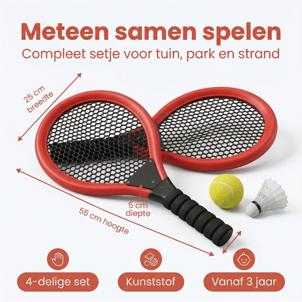 Cheqo® Tennisset - Kindertennisset - Tennis Set Kinderen - Tennis Racketset - Tennis Speelgoed - Tennis en Badminton Set - Tennis Badminton Set Kinderen - Tennis Set met Bal - Tennisset met Shuttle - Tennisset 4 Delig