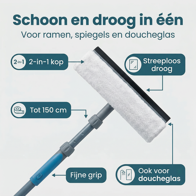 Cheqo® Raamwisser - Raamwisser Telescoop - Raamwisser met Telescooparm - Telescoop Raamwisser - Raamtrekker - Raamtrekker Telescoop - Raamtrekker met Telescoopsteel - Telescoop Raamtrekker
