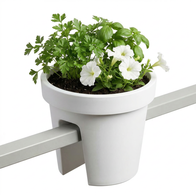 Cheqo® Balkonbak - Ronde Balkonbak - Balkonbak Wit - Ronde Balkonbak Wit - Balkon Bloembak - Bloembak Balkon - Balkon Plantenbak - Plantenbak Balkon - Balkonbak Railing - Railing Plantenbak