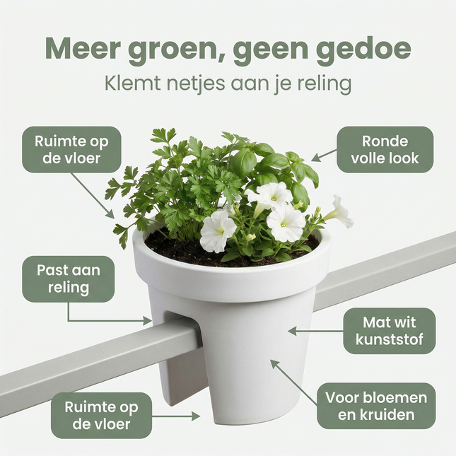 Cheqo® Balkonbak - Ronde Balkonbak - Balkonbak Wit - Ronde Balkonbak Wit - Balkon Bloembak - Bloembak Balkon - Balkon Plantenbak - Plantenbak Balkon - Balkonbak Railing - Railing Plantenbak