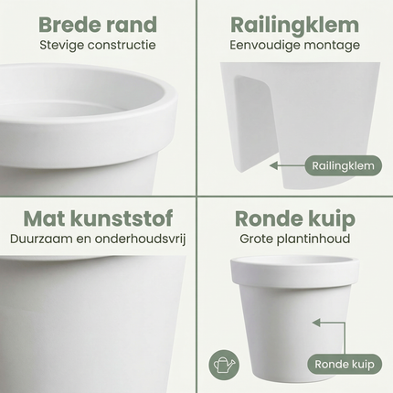 Cheqo® Balkonbak - Ronde Balkonbak - Balkonbak Wit - Ronde Balkonbak Wit - Balkon Bloembak - Bloembak Balkon - Balkon Plantenbak - Plantenbak Balkon - Balkonbak Railing - Railing Plantenbak