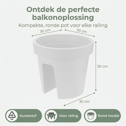 Cheqo® Balkonbak - Ronde Balkonbak - Balkonbak Wit - Ronde Balkonbak Wit - Balkon Bloembak - Bloembak Balkon - Balkon Plantenbak - Plantenbak Balkon - Balkonbak Railing - Railing Plantenbak