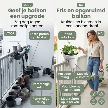 Cheqo® Balkonbak - Ronde Balkonbak - Balkonbak Wit - Ronde Balkonbak Wit - Balkon Bloembak - Bloembak Balkon - Balkon Plantenbak - Plantenbak Balkon - Balkonbak Railing - Railing Plantenbak