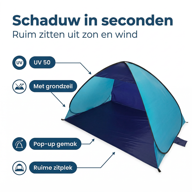 Cheqo® Strandtent - Strand Tent - Pop Up Strandtent - Pop Up Tent Strand - Strandtent Pop Up - Strand Shelter - Strand Schuiltent - Strandtentje - Strandtent met Grondzeil - Strandtent UV Bescherming - UV Strandtent - Strandtent UV 50