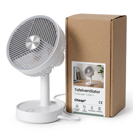 Cheqo® Tafelventilator - Bureauventilator - Mini Ventilator - USB Ventilator - Oplaadbare Ventilator - Draadloze Ventilator - Ventilator op Bureau - Witte Tafelventilator