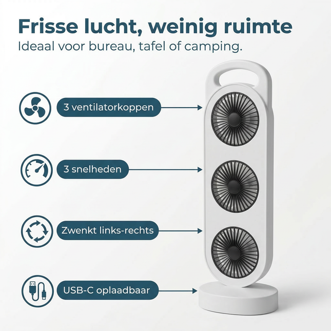 Cheqo® Tafelventilator - Tafel Ventilator - Kolomventilator - Mini Ventilator - Kleine Ventilator - USB Ventilator - Oplaadbare Ventilator - Draadloze Ventilator - Bureauventilator - Witte Ventilator - Zwenkende Ventilator