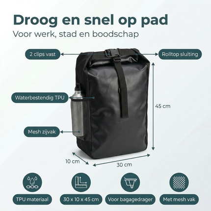 Cheqo® Fietstas - Enkele Fietstas - Achter Fietstas - Fietstas Achter - Fietstas Zwart - Waterdichte Fietstas - Fietstas Waterdicht - Fietstas voor Bagagedrager - Bagagedrager Fietstas - Fietstas met Clips
