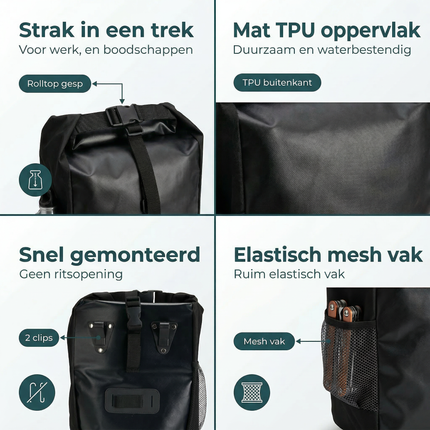 Cheqo® Fietstas - Enkele Fietstas - Achter Fietstas - Fietstas Achter - Fietstas Zwart - Waterdichte Fietstas - Fietstas Waterdicht - Fietstas voor Bagagedrager - Bagagedrager Fietstas - Fietstas met Clips