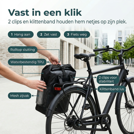 Cheqo® Fietstas - Enkele Fietstas - Achter Fietstas - Fietstas Achter - Fietstas Zwart - Waterdichte Fietstas - Fietstas Waterdicht - Fietstas voor Bagagedrager - Bagagedrager Fietstas - Fietstas met Clips