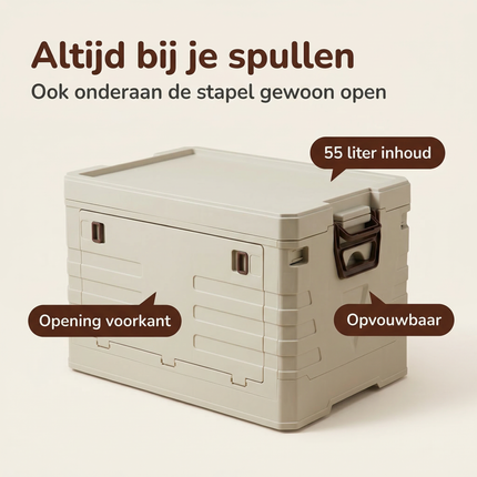 Cheqo® Camping Opbergbox - Opbergbox Camping - Opvouwbare Opbergbox - Opvouwbare Opbergkrat - Opvouwbaar Krat - Inklapbare Opbergbox - Inklapbaar Krat - Opbergkrat - Opbergbox met Opening Voorkant - Stapelbare Opbergbox - Beige Opbergbox
