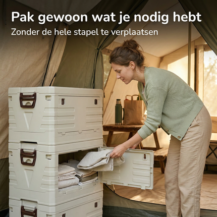 Cheqo® Camping Opbergbox - Opbergbox Camping - Opvouwbare Opbergbox - Opvouwbare Opbergkrat - Opvouwbaar Krat - Inklapbare Opbergbox - Inklapbaar Krat - Opbergkrat - Opbergbox met Opening Voorkant - Stapelbare Opbergbox - Beige Opbergbox