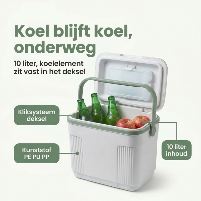 Cheqo® Koelbox - Koelbox 10l - Kleine Koelbox - Mini Koelbox - Koelbox Wit - Koelbox Groen - Draagbare Koelbox - Koelbox voor Picknick - Koelbox voor Camping - Koelbox voor Kamperen - Koelbox voor Strand