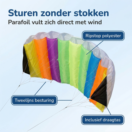 Cheqo® Stuntvlieger - Parafoil Vlieger - Parafoil Stuntvlieger - Tweelijns Stuntvlieger - Tweelijns Vlieger - Stuntkite - Stunt Vlieger - Vlieger voor Kinderen - Vlieger met Lijnen - Vlieger met Tas