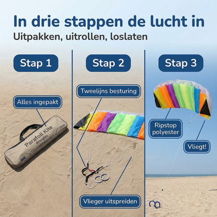 Cheqo® Stuntvlieger - Parafoil Vlieger - Parafoil Stuntvlieger - Tweelijns Stuntvlieger - Tweelijns Vlieger - Stuntkite - Stunt Vlieger - Vlieger voor Kinderen - Vlieger met Lijnen - Vlieger met Tas
