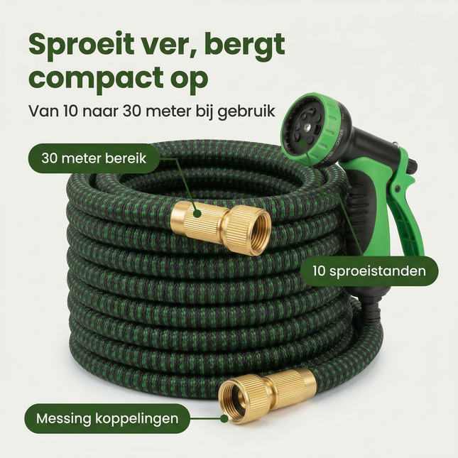 Cheqo® Flexibele Tuinslang - Tuinslang Flexibel - Uitrekbare Tuinslang - Uitschuifbare Tuinslang - Tuinslang Die Uitzet - Tuinslang met Sproeikop - Tuinslang met Spuitpistool - Tuinslang met Slanghouder