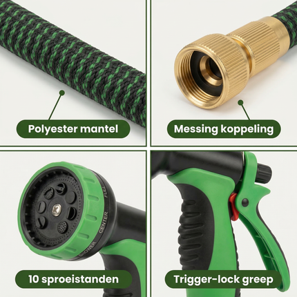 Cheqo® Flexibele Tuinslang - Tuinslang Flexibel - Uitrekbare Tuinslang - Uitschuifbare Tuinslang - Tuinslang Die Uitzet - Tuinslang met Sproeikop - Tuinslang met Spuitpistool - Tuinslang met Slanghouder