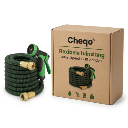 Cheqo® Flexibele Tuinslang - Tuinslang Flexibel - Uitrekbare Tuinslang - Uitschuifbare Tuinslang - Tuinslang Die Uitzet - Tuinslang met Sproeikop - Tuinslang met Spuitpistool - Tuinslang met Slanghouder