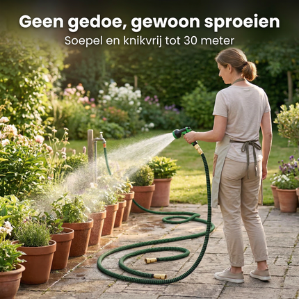 Cheqo® Flexibele Tuinslang - Tuinslang Flexibel - Uitrekbare Tuinslang - Uitschuifbare Tuinslang - Tuinslang Die Uitzet - Tuinslang met Sproeikop - Tuinslang met Spuitpistool - Tuinslang met Slanghouder