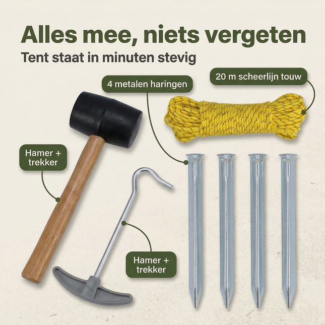 Cheqo® Camping Set - Kampeer Set - Kampeerset - Camping Accessoires Set - Kampeer Accessoires Set - Tent Haringen Set - Haringen Set - Tent Haringen - Haringtrekker - Rubberen Hamer Camping - Scheerlijnen