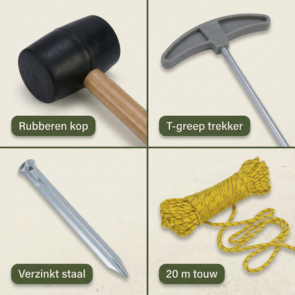 Cheqo® Camping Set - Kampeer Set - Kampeerset - Camping Accessoires Set - Kampeer Accessoires Set - Tent Haringen Set - Haringen Set - Tent Haringen - Haringtrekker - Rubberen Hamer Camping - Scheerlijnen