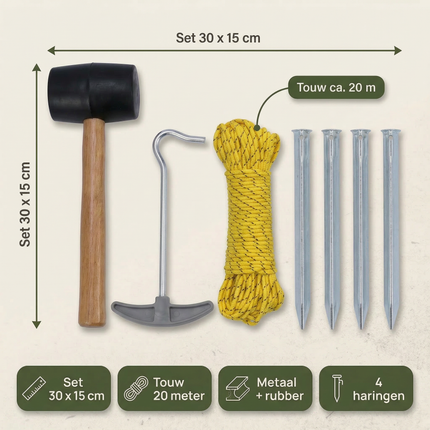 Cheqo® Camping Set - Kampeer Set - Kampeerset - Camping Accessoires Set - Kampeer Accessoires Set - Tent Haringen Set - Haringen Set - Tent Haringen - Haringtrekker - Rubberen Hamer Camping - Scheerlijnen