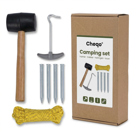 Cheqo® Camping Set - Kampeer Set - Kampeerset - Camping Accessoires Set - Kampeer Accessoires Set - Tent Haringen Set - Haringen Set - Tent Haringen - Haringtrekker - Rubberen Hamer Camping - Scheerlijnen
