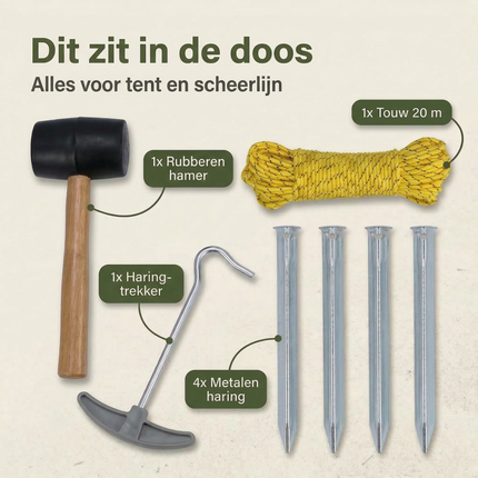 Cheqo® Camping Set - Kampeer Set - Kampeerset - Camping Accessoires Set - Kampeer Accessoires Set - Tent Haringen Set - Haringen Set - Tent Haringen - Haringtrekker - Rubberen Hamer Camping - Scheerlijnen
