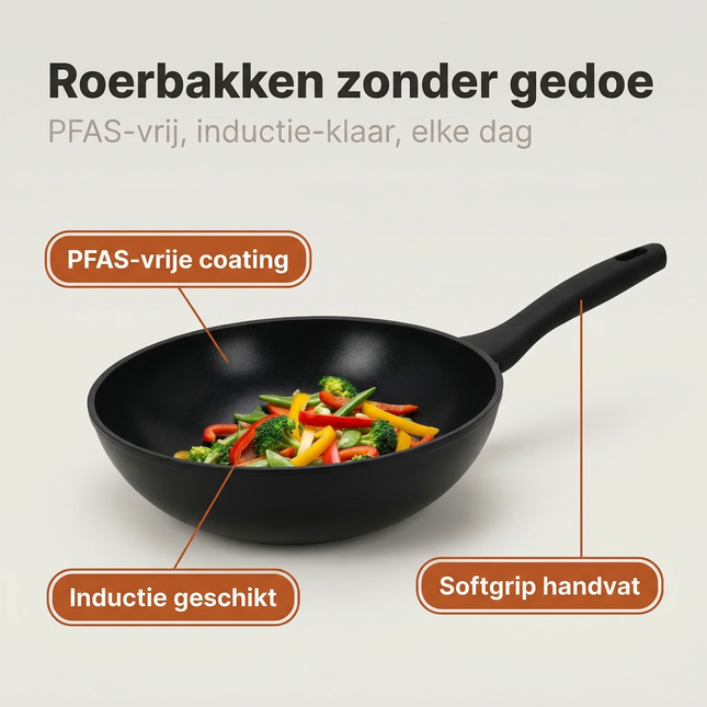 Cheqo® Wokpan - Wok - Wok Pan - Wokpan Inductie - Wok voor Inductie - Inductie Wokpan - Wokpan Zwart - Wokpan Anti Aanbak - Wokpan Zonder Pfas