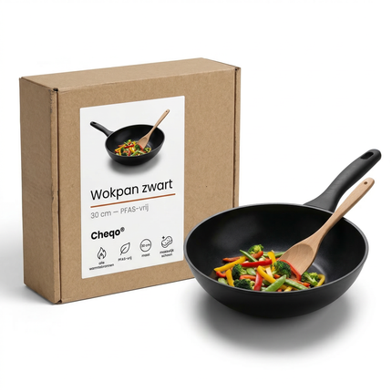 Cheqo® Wokpan - Wok - Wok Pan - Wokpan Inductie - Wok voor Inductie - Inductie Wokpan - Wokpan Zwart - Wokpan Anti Aanbak - Wokpan Zonder Pfas