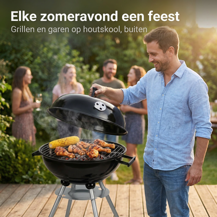 Cheqo® Kogelbarbecue - Kogel BBQ - Houtskoolbarbecue - Houtskool BBQ - Barbecue met Deksel - Ronde Barbecue - Tuinbarbecue - BBQ op Wielen - Staande Barbecue - Zwarte Kogelbarbecue