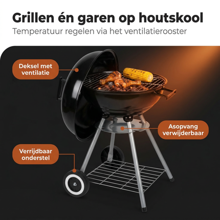 Cheqo® Kogelbarbecue - Kogel BBQ - Houtskoolbarbecue - Houtskool BBQ - Barbecue met Deksel - Ronde Barbecue - Tuinbarbecue - BBQ op Wielen - Staande Barbecue - Zwarte Kogelbarbecue
