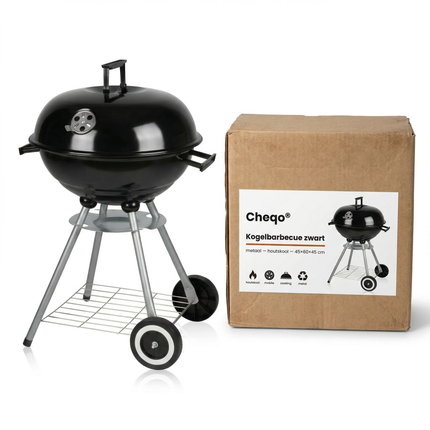 Cheqo® Kogelbarbecue - Kogel BBQ - Houtskoolbarbecue - Houtskool BBQ - Barbecue met Deksel - Ronde Barbecue - Tuinbarbecue - BBQ op Wielen - Staande Barbecue - Zwarte Kogelbarbecue