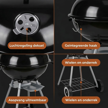 Cheqo® Kogelbarbecue - Kogel BBQ - Houtskoolbarbecue - Houtskool BBQ - Barbecue met Deksel - Ronde Barbecue - Tuinbarbecue - BBQ op Wielen - Staande Barbecue - Zwarte Kogelbarbecue