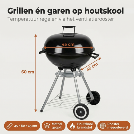 Cheqo® Kogelbarbecue - Kogel BBQ - Houtskoolbarbecue - Houtskool BBQ - Barbecue met Deksel - Ronde Barbecue - Tuinbarbecue - BBQ op Wielen - Staande Barbecue - Zwarte Kogelbarbecue
