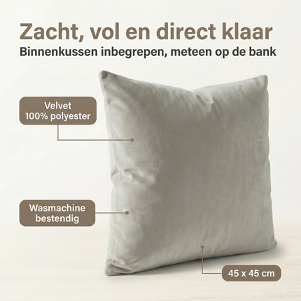 Cheqo® Sierkussen - Velvet Sierkussen - Fluwelen Sierkussen - Kussentje - Kussens Woonkamer - Kussens voor op de Bank - Sierkussen Bank - Sierkussen Bed - Lichtgrijs Sierkussen - Vierkant Sierkussen