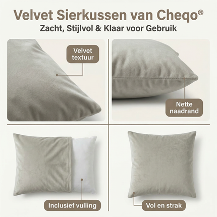 Cheqo® Sierkussen - Velvet Sierkussen - Fluwelen Sierkussen - Kussentje - Kussens Woonkamer - Kussens voor op de Bank - Sierkussen Bank - Sierkussen Bed - Lichtgrijs Sierkussen - Vierkant Sierkussen