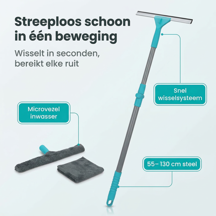 Cheqo® Ramenwisser Set - Ramenwisser - Raamtrekker - Raamwisser - Ramenreiniger Set - Ramen Schoonmaak Set - Ramen Lappen Set - Raam Schoonmaakset - Raamwisser met Steel - Raamtrekker met Steel