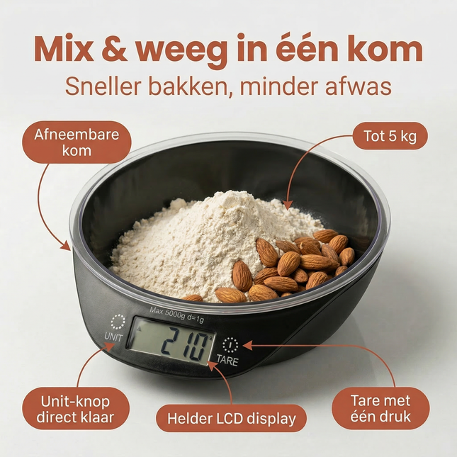 Cheqo® Keukenweegschaal met Kom - Digitale Keukenweegschaal met Kom - Keukenweegschaal met Mengkom - Digitale Keukenweegschaal - Keukenweegschaal Digitaal - Keukenweegschaal - Weegschaal met Kom