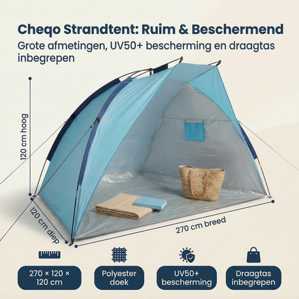 Cheqo® Strandtent - Strand Tent - Strandtentje - Strand Shelter - Strand Schuiltent - Strandcabine - Strandhuisje - Strandtent UV - Strandtent UV 50 - UV Strandtent - UV Werptent Strand