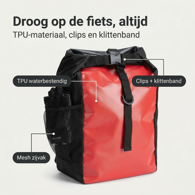 Cheqo® Fietstas - Enkele Fietstas - Fietstas Rood - Waterdichte Fietstas - Fietstas Achter - Fietstas Achterdrager - Fietstas voor Achterdrager - Fietstas Zijkant - Fietstas met Zijvak - Fietstas voor Woon-Werkverkeer